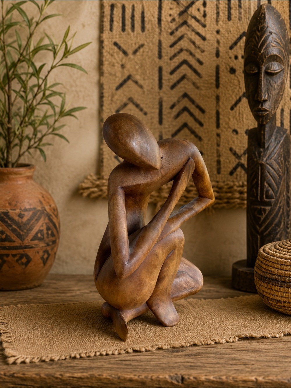 Novica Wayan Rendah “ Lost in Thought” Local Sugar Wood Sculpture 11.5” X 7”